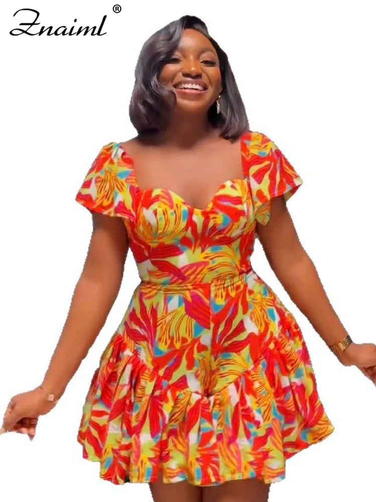 Znaiml Fashion Summer Playsuit Low Cut Short Sleeve Pleated Ruffles Printing Playsuit Women Boho African Orange Short Jumpsuit