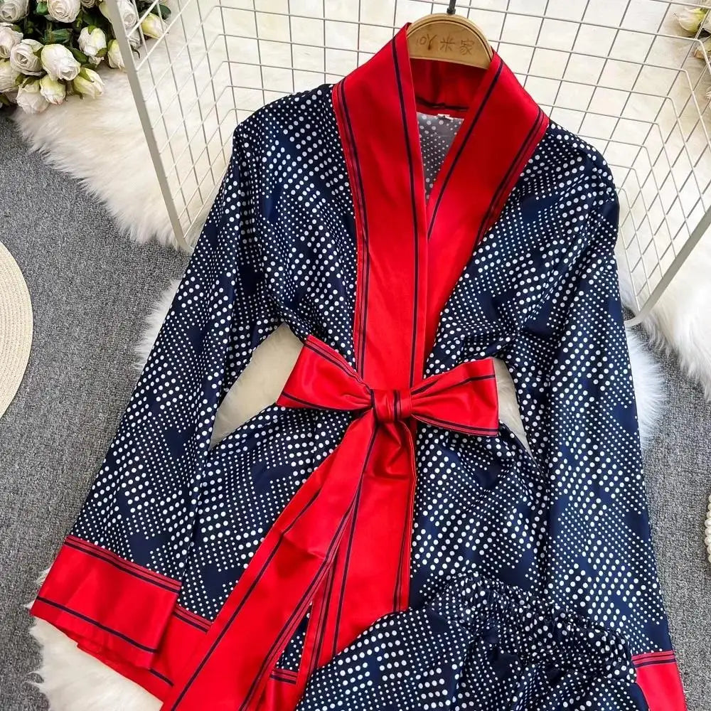 Women Contrast Dot Print V-Neck Loose Lace Up Top+Elastic Waist Wide Leg Pant Suit Autumn Fashion Kimono Cardigan Two Piece Set