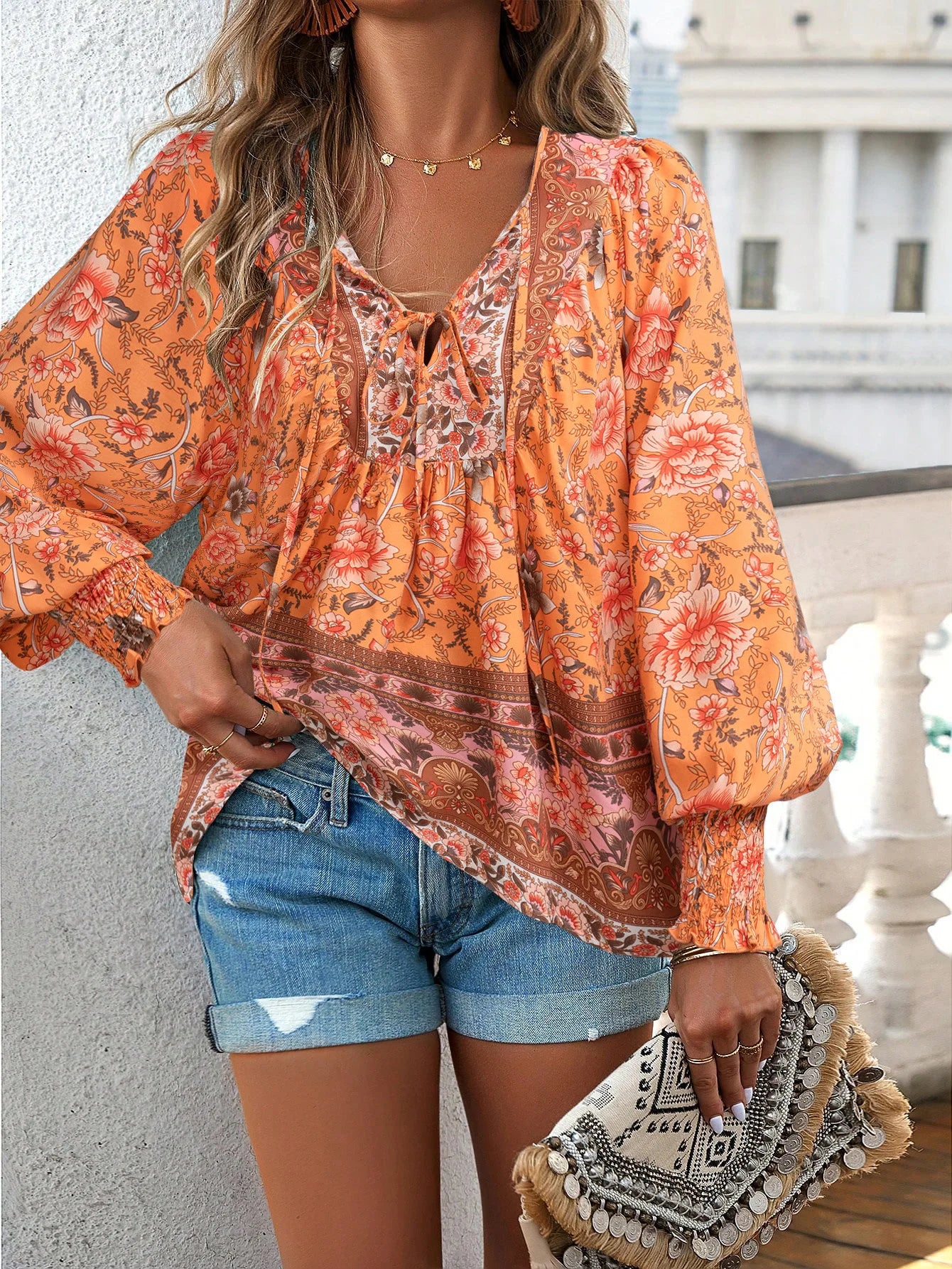 2025 Spring Summer Printed Shirt Women Elegant Chiffon V-neck Long-sleeve Top