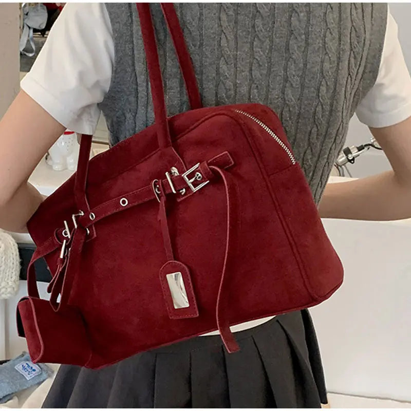Retro Suede Square Handbag Fashion Versatile High-quality Texture Underarm Bag Exquisite Hardware Design Work Commute Tote Bag