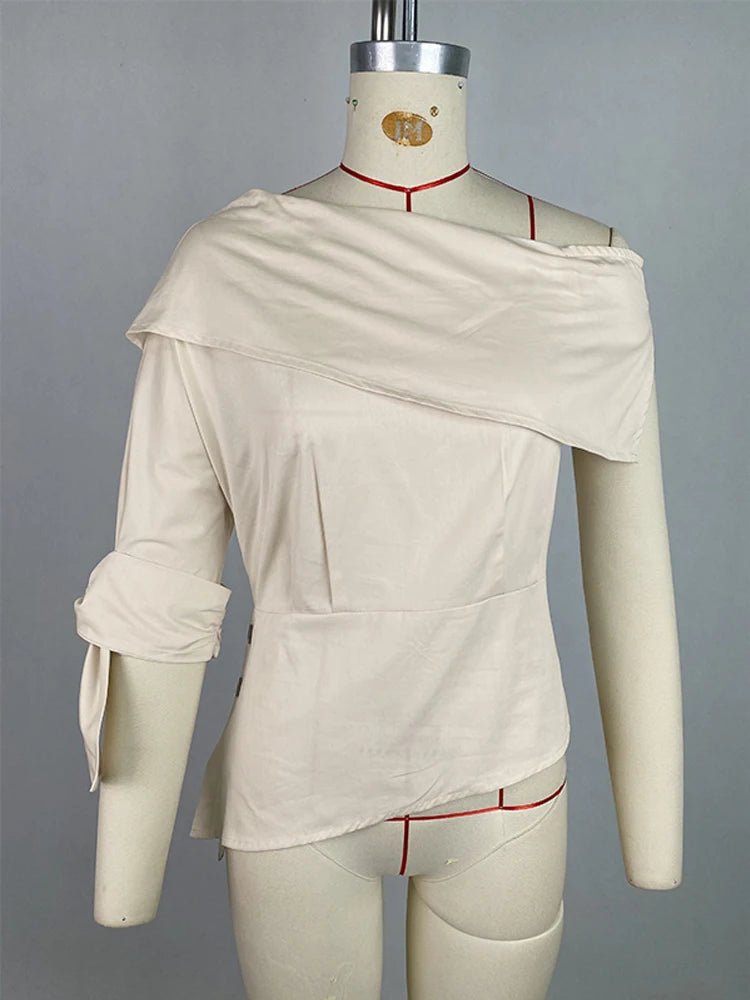 Beautyblue Slanted Shoulder Collar Tops Women Fashion Irregular T-shirt Asymmetric Buttoned One-Shoulder Blouses&Shirts Female