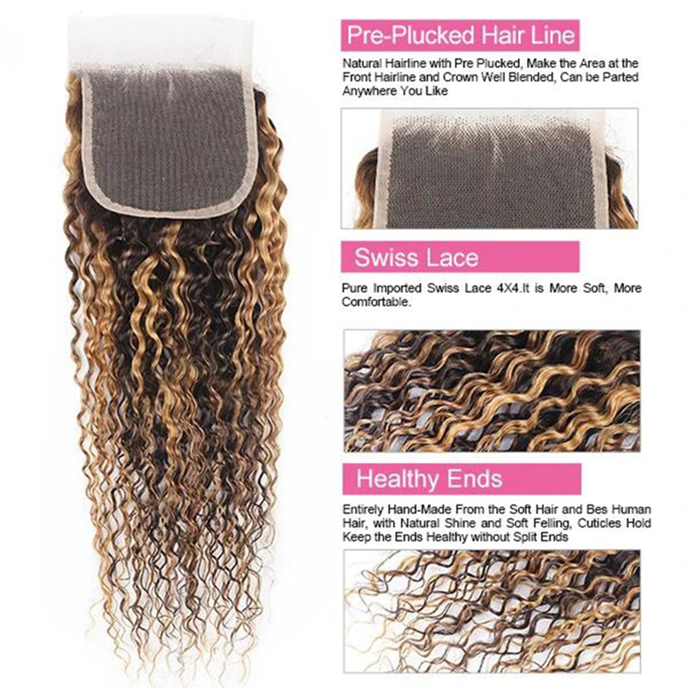 Highlight Water Wave Human Hair Bundles With Lace Closure for Women