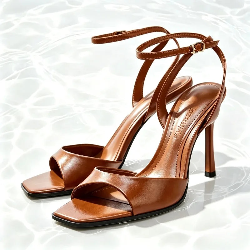 Pink Square Toe Ankle Strap Heeled Sandals for Women