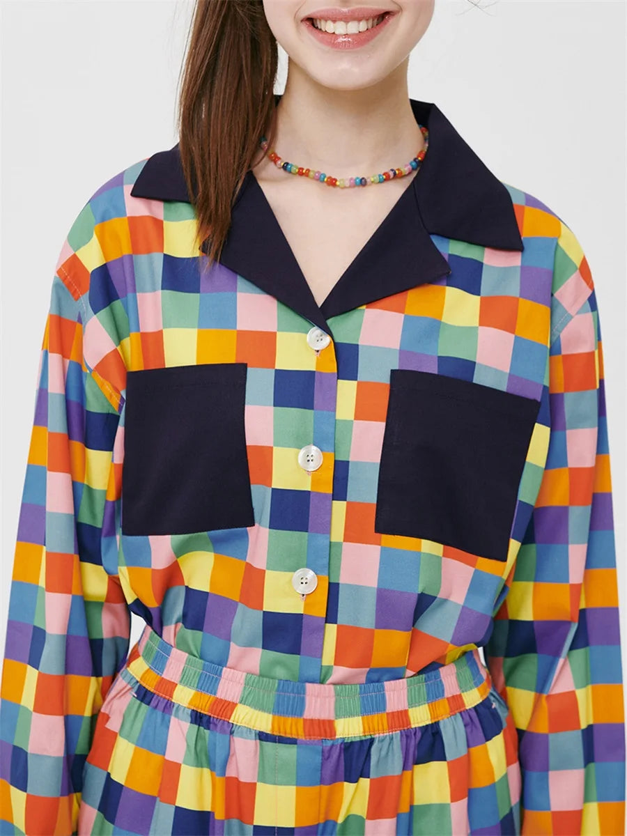 Women 2 Piece Pajamas Set Colorful Plaid Print Long Sleeve Button up Shirt and Elastic Pants for Loungewear Soft Sleepwear Pjs