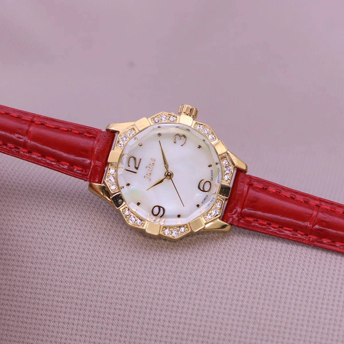 Small Rhinestones Julius Lady Women's Watch Mother-of-pearl Japan Quartz Fashion Hours Bracelet Leather Girl's Gift No Box