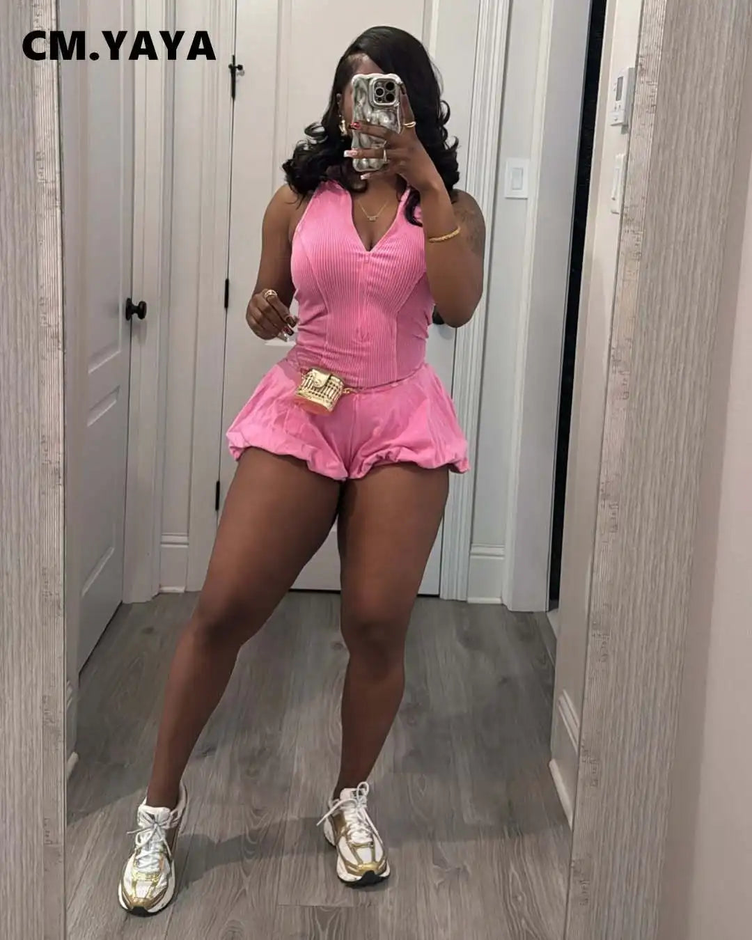 CM.YAYA 2025 Women Sleeveless Knitted Ribbed Patchwork Short Jumpsuit Playsuits Summer Street Elastic Party Romper One Piece Set
