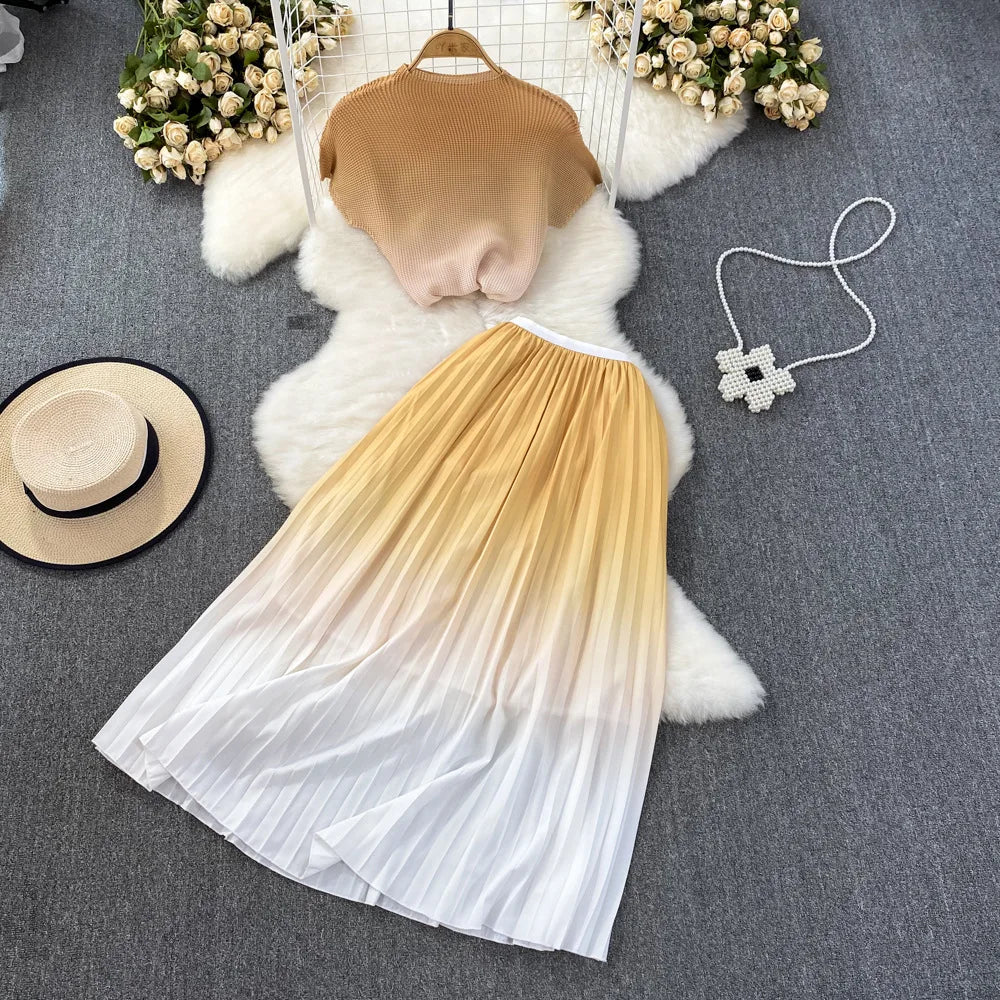 Summer Contrast Color Miyake 2 Pieces Set Women's Short Sleeve High Stretch Pullover Shirt Top+Long Pleated Chiffon Skirt Suit