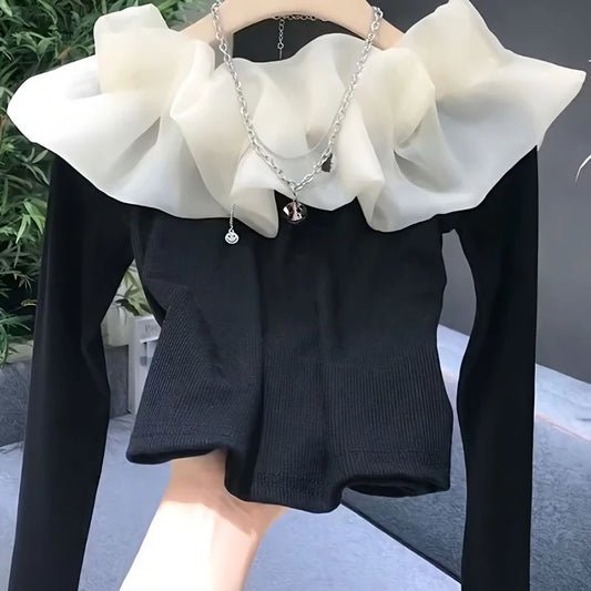 French style T-shirt shoulder splicing T-shirt women's spring and autumn new fashion temperament slim long-sleeved shirt