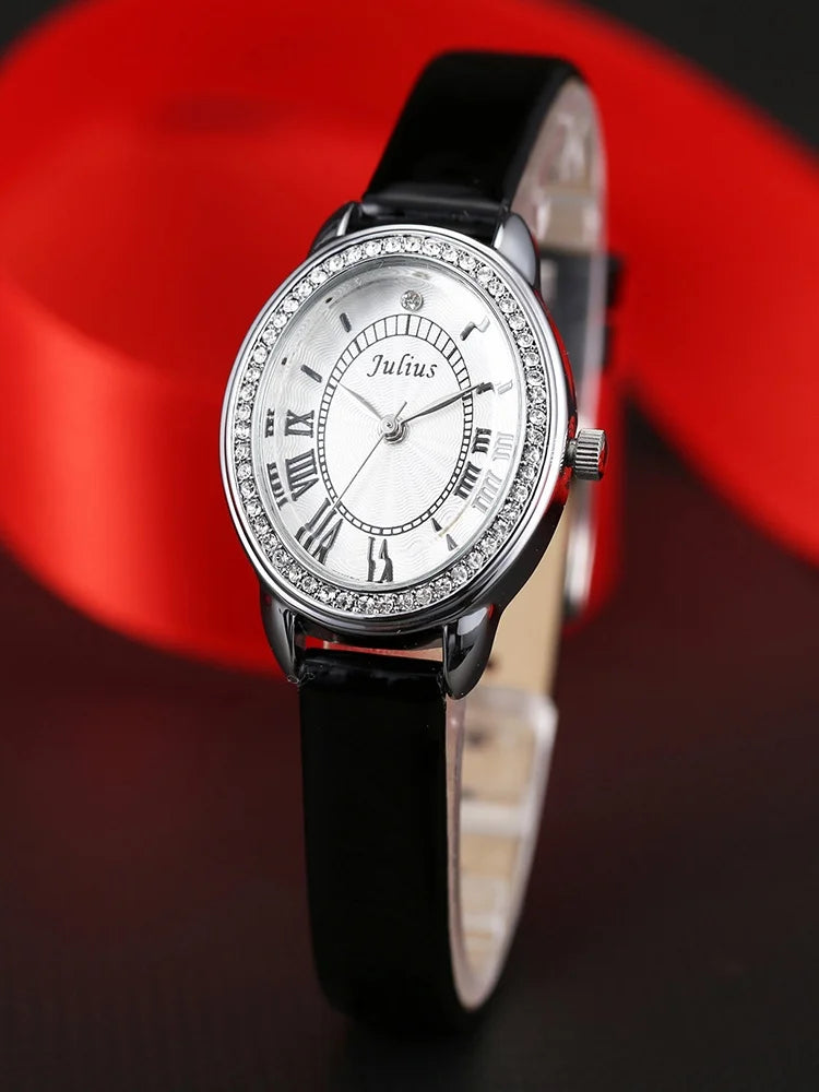 Small Oval Rhinestones Julius Lady Women's Watch Japan Quartz Elegant Fashion Hours Bracelet Leather Girl's Gift Box
