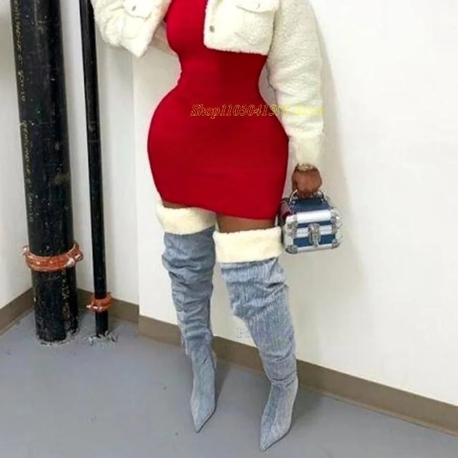 Winter Furry Thigh High Boots Sexy Pointed Toe High Heels Boots Women Shoes Vintage Warm Heel Boots 2023 New Zapatos Para Mujere