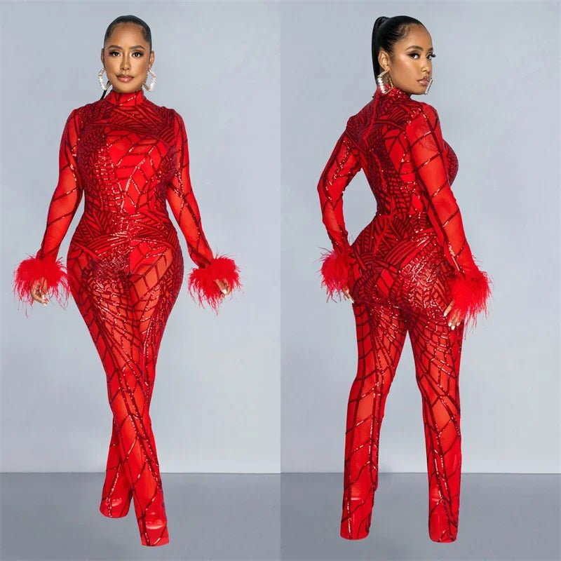 Znaiml Feather Long Sleeve Sequins Bodycon Jumpsuit Women Bodysuit Mesh See Through One Piece Overalls Birthday Party Outfits
