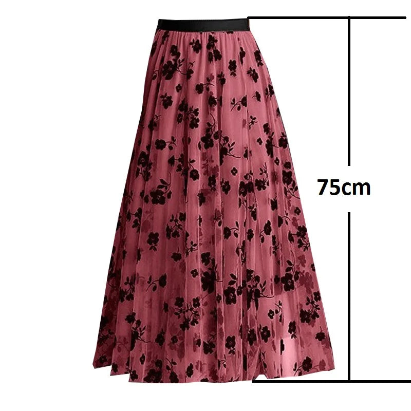 Flocking Floral Pirnted Long Mesh Skirt for Women, High Waist, Max Pleated Tutu, Tulle Skirt, Gauze Skirt, Female, 2025