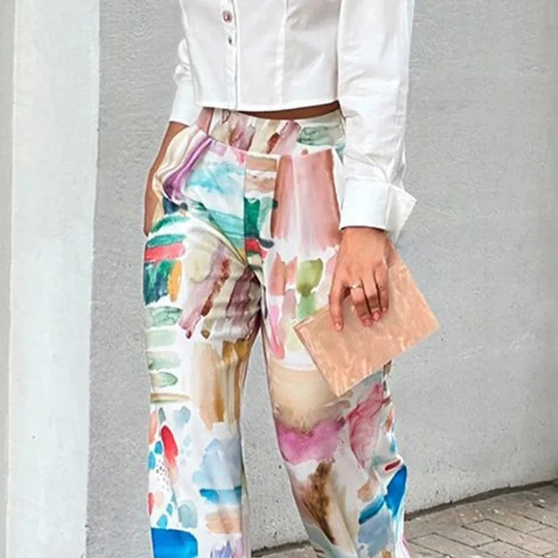 Spring Summer Loose Printed Pants 2024 New Leisure Fashion High Waisted Office Trousers For Women