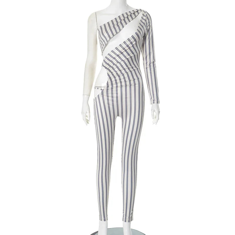 Joskaa Striped Print Cutout Jumpsuits Women Hipster Sexy Oblique Shoulder Backless Skinny One Piece Rompers Midnight Clubwear