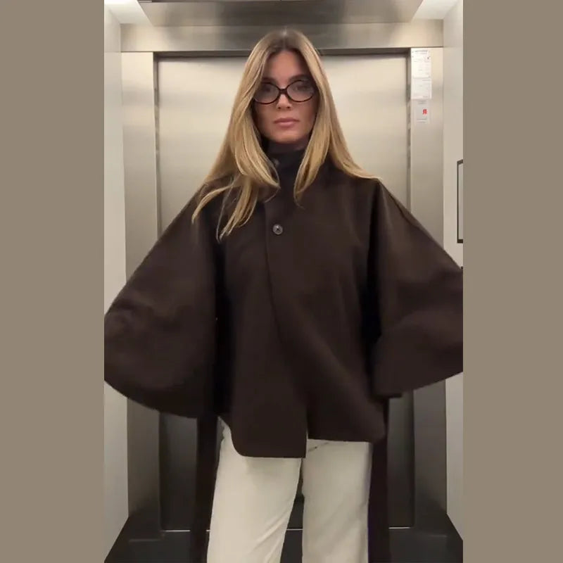 Womens Short Cape Coats For Women Belt Faux Wool Blends Coats Autumn Winter Solid Coats Elegant Cloak Jacket Ladies 2025