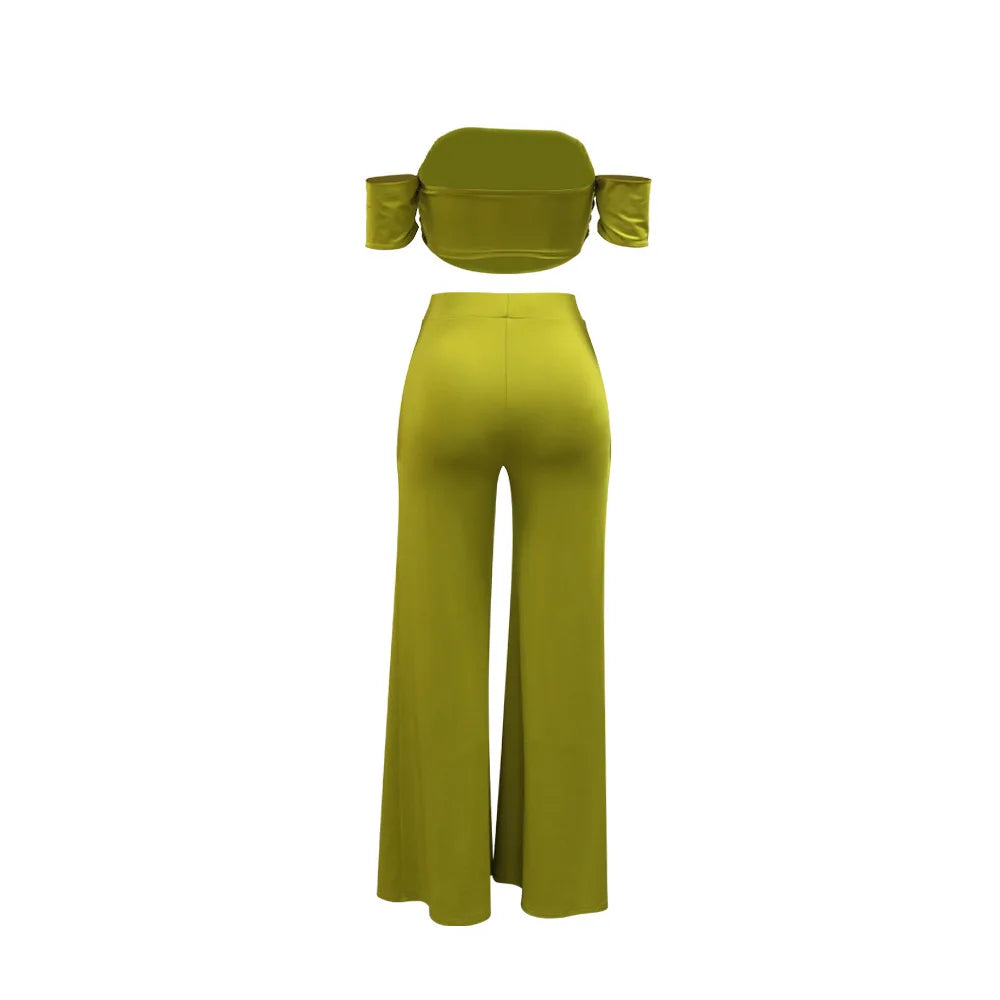 CM.YAYA Women's Set Short Sleeve Slash Neck Ruched Tops and Wide Leg split Pants 2024 Street Two 2 Piece Sets Outfit Tracksuits
