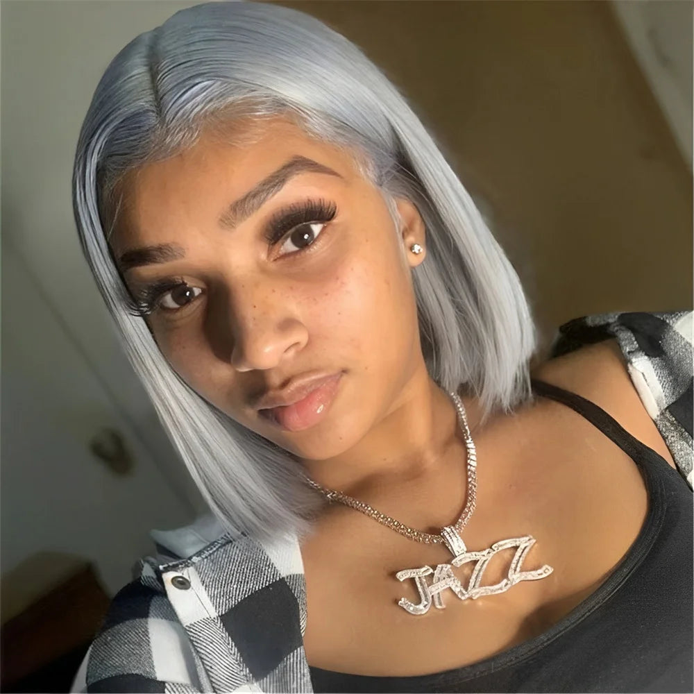 Silver Grey Straight Bob Human Hair Wigs Gray 13x4 Transparent Lace Front Short Bob Short Wigs Human Hair For Women Preplucked