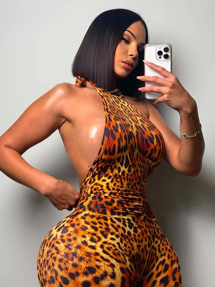 Weird Puss Colorful Print Romper Women Halter Bandage Summer Sexy Hipster Backless Activity Workout Fit Tight Stretch Playsuits