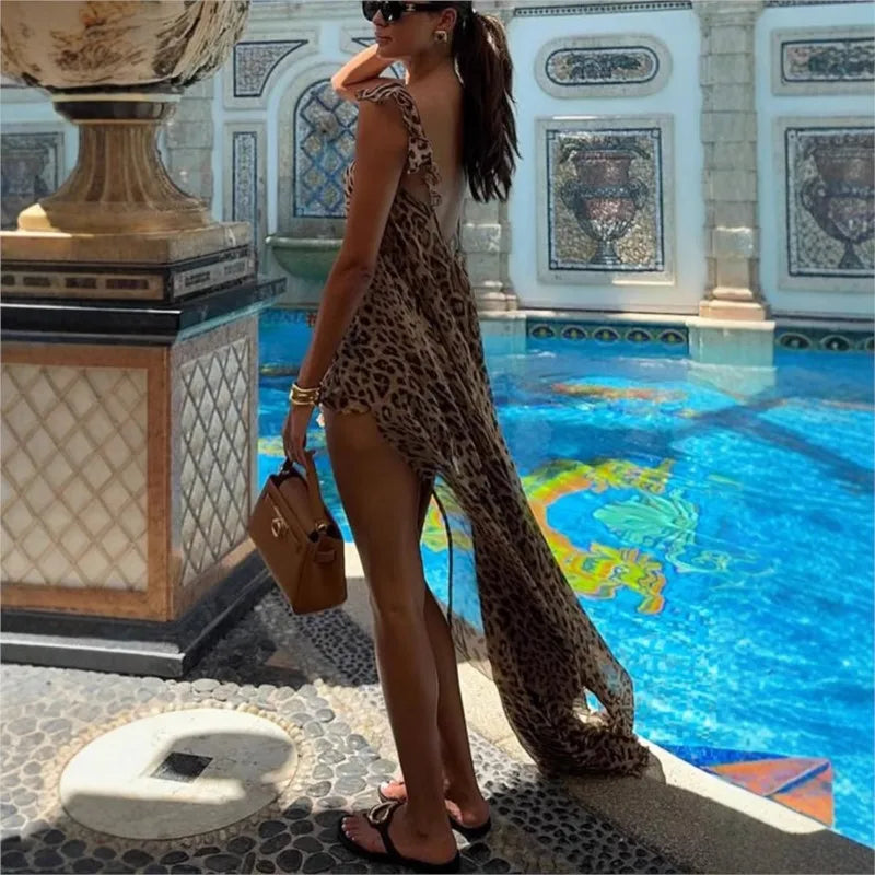 Woman Leopard Print Chiffon Set 2 Piece Summer Sexy Holiday Beach Chic Skirt Two Pieces Set Lady Wear Outfits