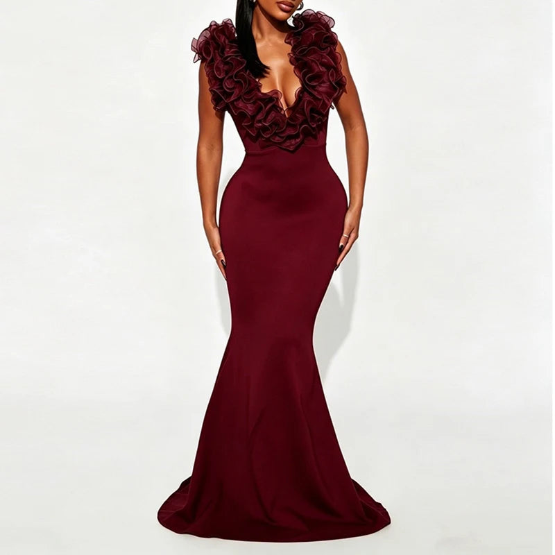 Elegant Deep V Neck Backless Ruffle Midi Dress for Women