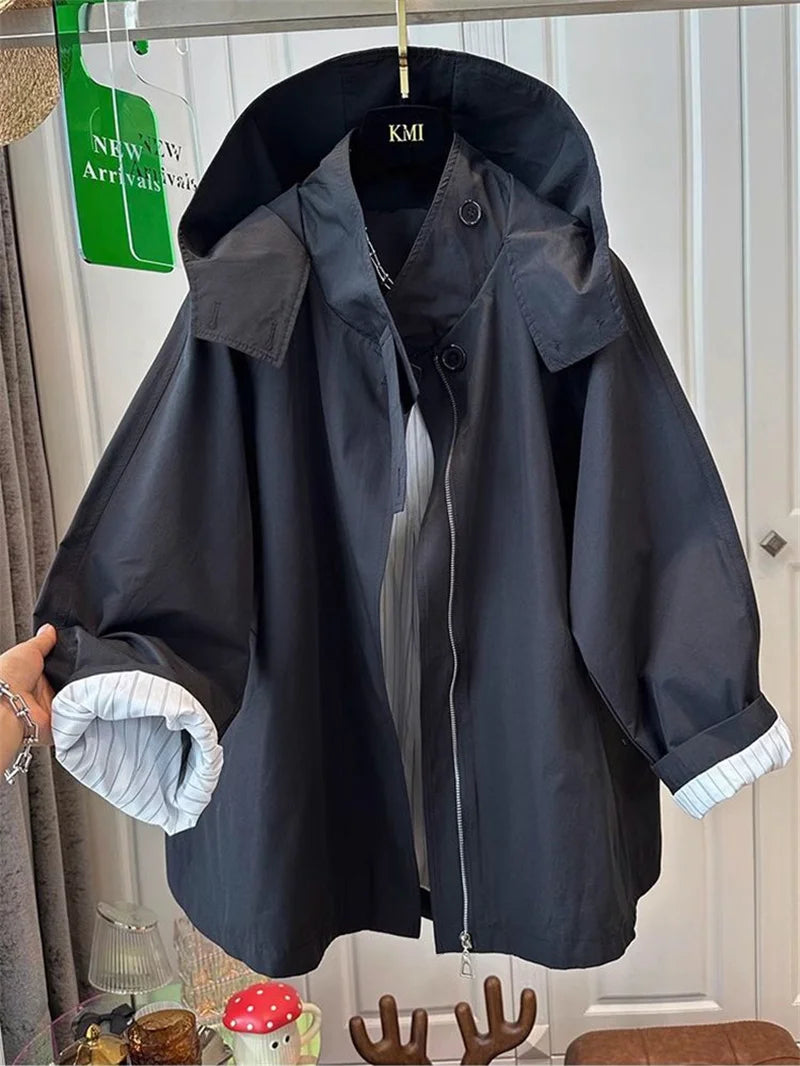 Fem Cotton Trench Coat For Women Casual And Versatile Loose And Slimming Autumn Simple Hooded Long Jacket For Women Windbreaker
