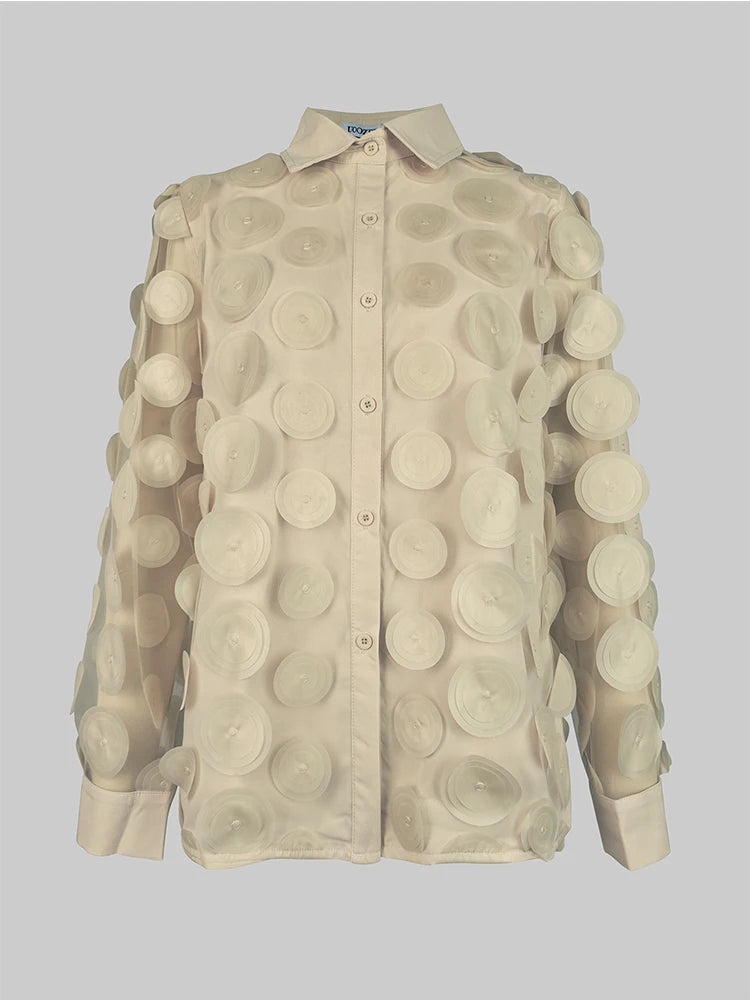 2024 New T-shirt for Women Hollowed Long Sleeves Appliqued Lapel Shirt Urban Female Stylish Loose Fit Buttoned Blouses
