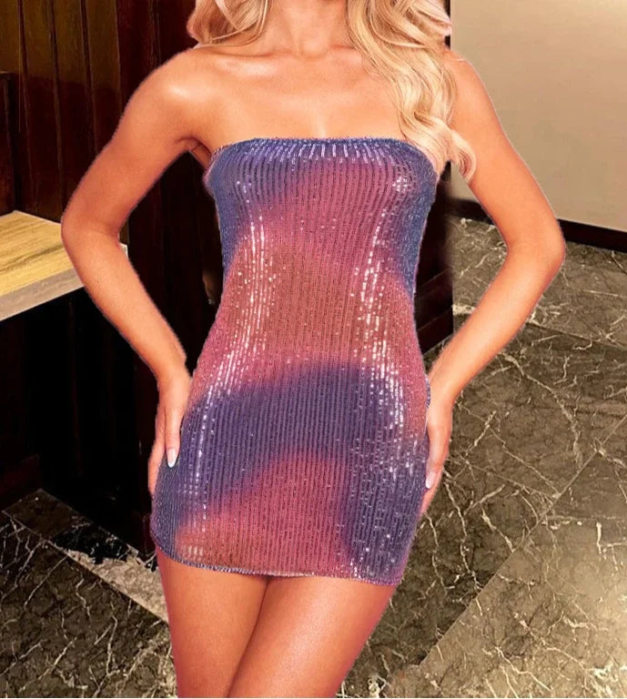Mini Dress for Women Fashion Sexy Spicy Girl Strapless Sleeveless Hollowed Out Backless Party Sequin Dresses 2025 Summer New