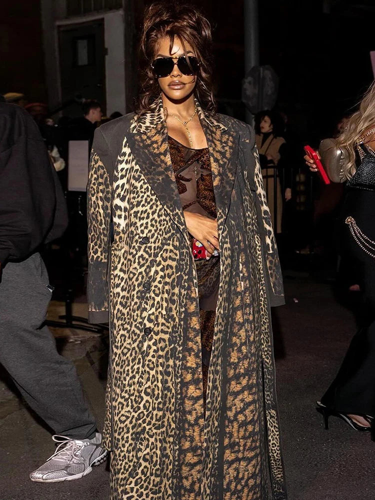 Cutemew Trench Leopard Print Coat Women Hipster Fall Warm Lapel Neck Full Sleeve Coquette Street Adjustable Belt Lady Outwear