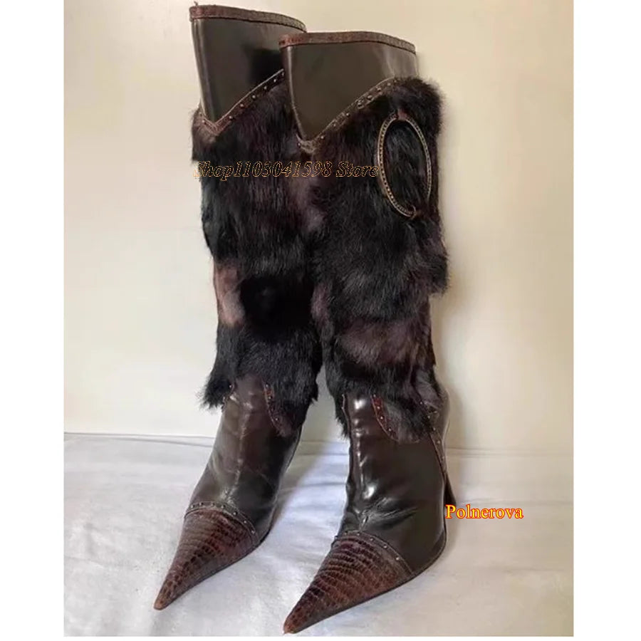 Winter Furry Leather Knee High Boots,Crocodile Pattern Pointed Toe Stiletto Women Shoes Zipper Boots2023 New Zapatos Para Mujere