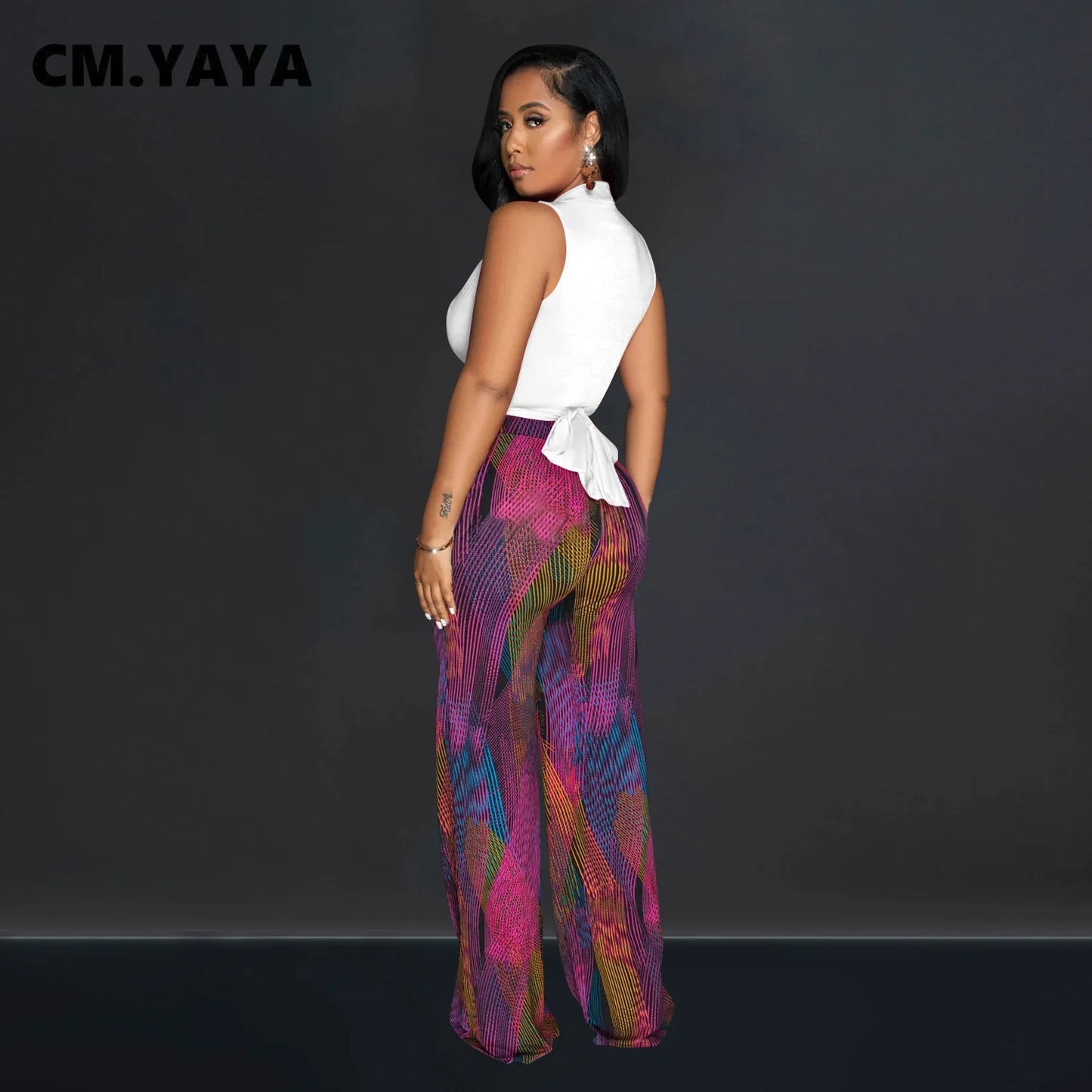 CM.YAYA Women's Set Wrap V-neck Tie Up Tank Top and Galaxy Striped Wide Leg Pants 2023 Street Two 2 Piece Sets Outfits Tracksuit