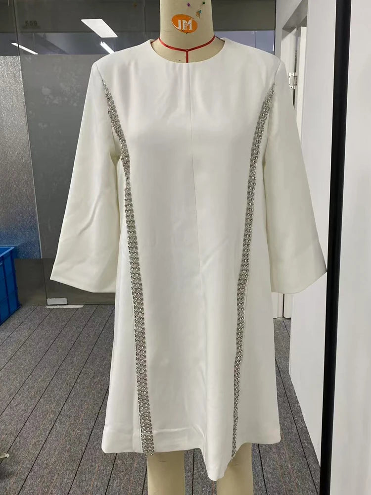 Elegant White Dresses Pretty Dress Spring Autumn Fashion Long Sleeves Loose Sequined Solid Color Luxury Round-neck Mini Dresses