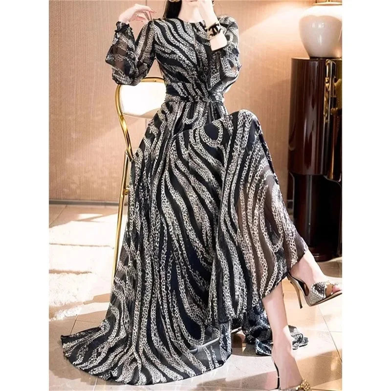 Fashionable Temperament Elegant Socialite Waist Cinching Big Swing Long Skirt Vnique Beautiful Mature Mature Queen Print Dress
