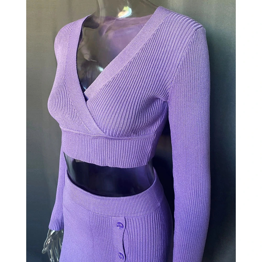 Casual Autumn Women V-Neck Long Sleeve Ribbed Knit Top & Button Slit Midi Skirt Set Slim Fit Two Pieces Dress Set