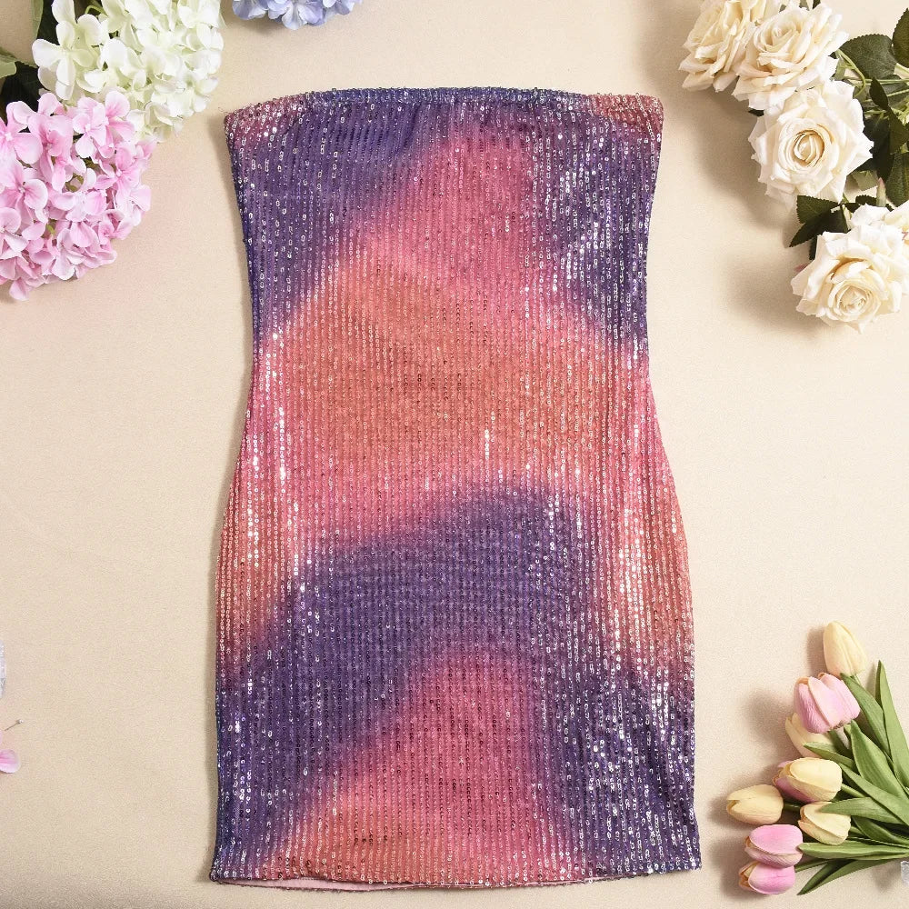 Mini Dress for Women Fashion Sexy Spicy Girl Strapless Sleeveless Hollowed Out Backless Party Sequin Dresses 2025 Summer New