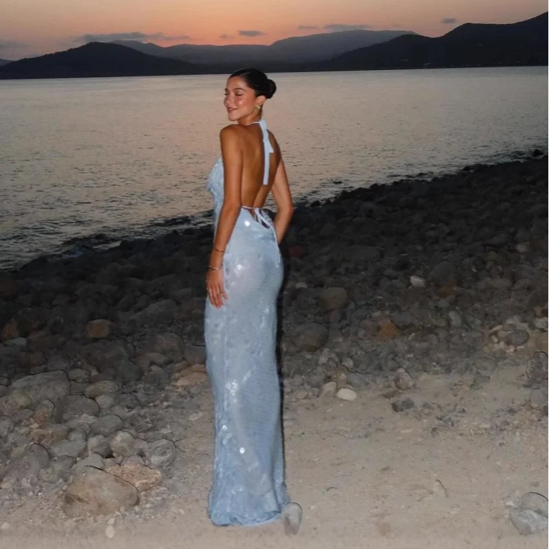 Chic Sequin Skinny Maxi Dress Swing Collar Backless Off Shoulder Lace Up Sparkling Vestidos For Women 2025 Summer Lady Y2k Robes