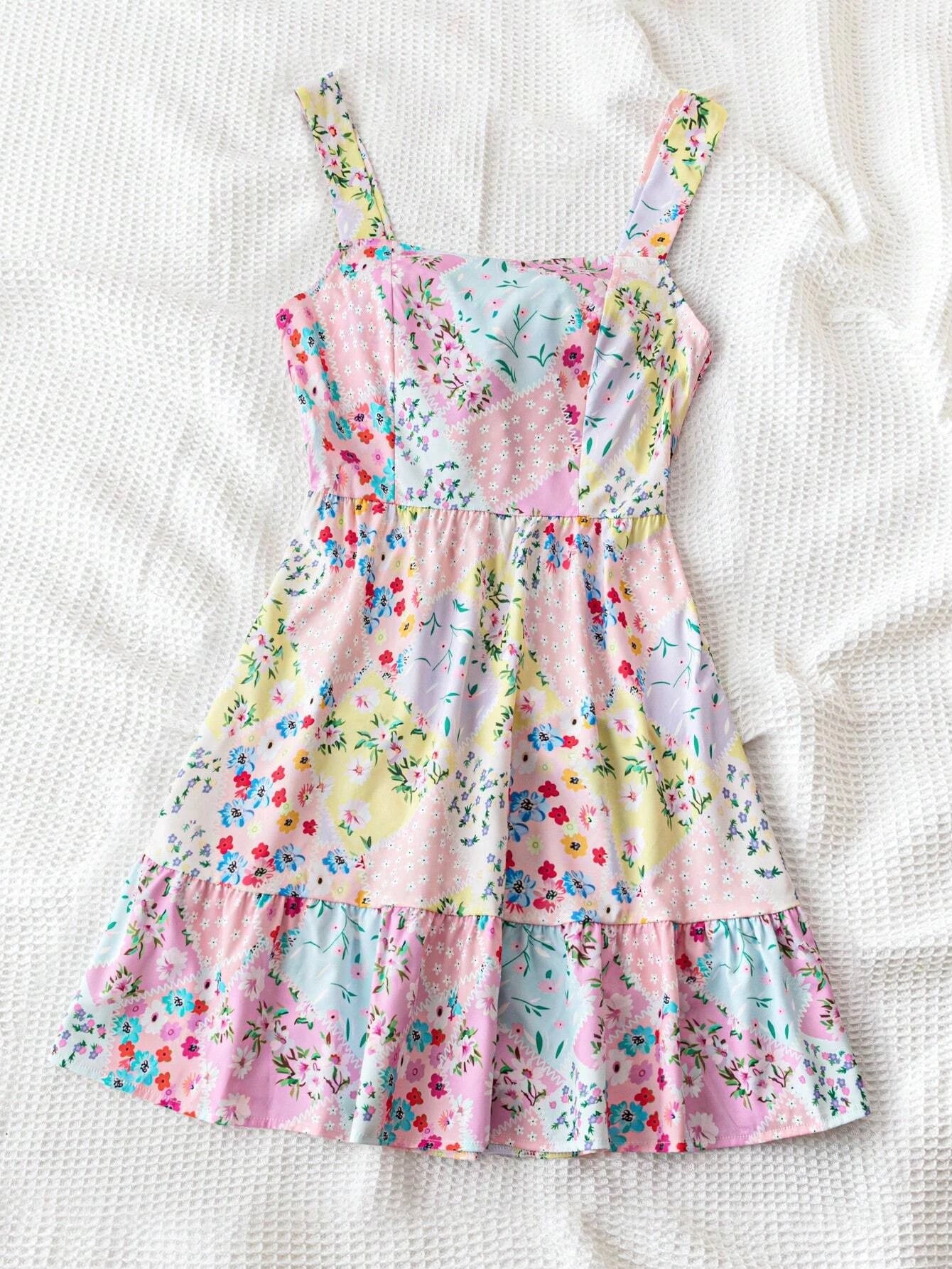 Women's Floral Print Strapless Back Tie Bow Dress 1181