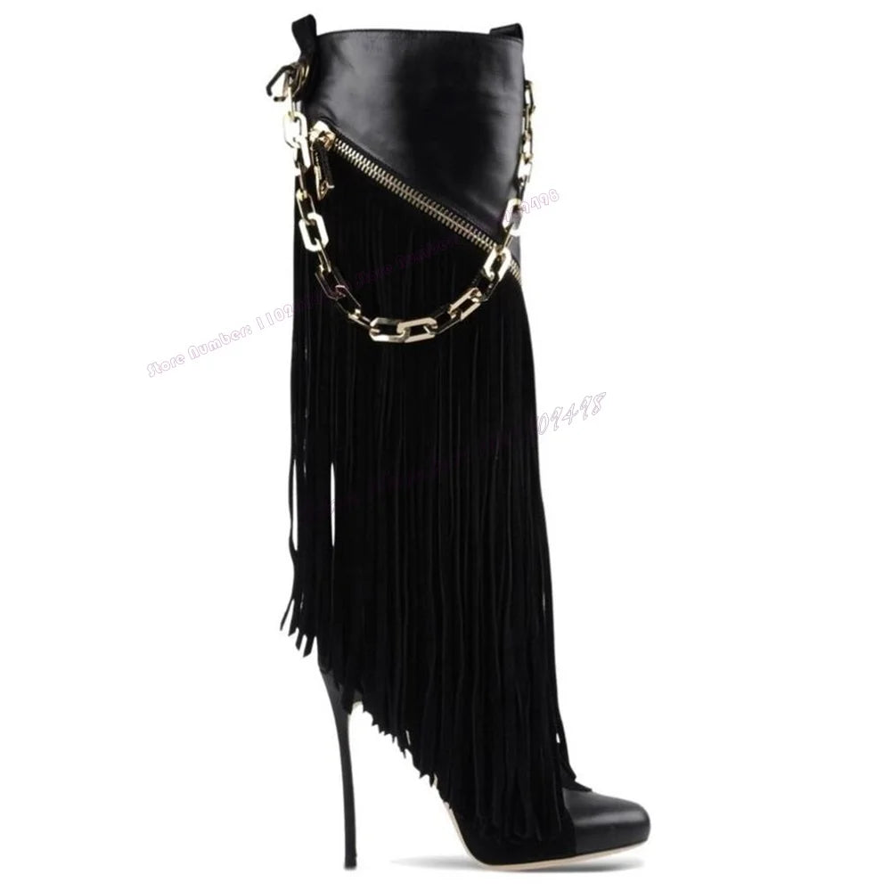 Black Tassel Metal Chain Boots Patchwork Round Toe Shoes for Women Knee High Thin High Heels Sexy Shoes 2025 Zapatos Para Mujere