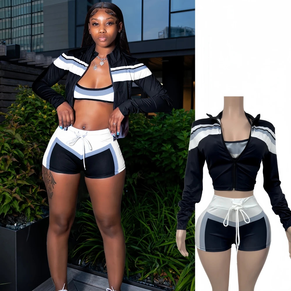 FAGADOER Sexy Sport 3 Pieces Set for Woman Color Block Long Sleeves Jacket + Tanks Top and Shorts Matching Female Beach Swimsuit