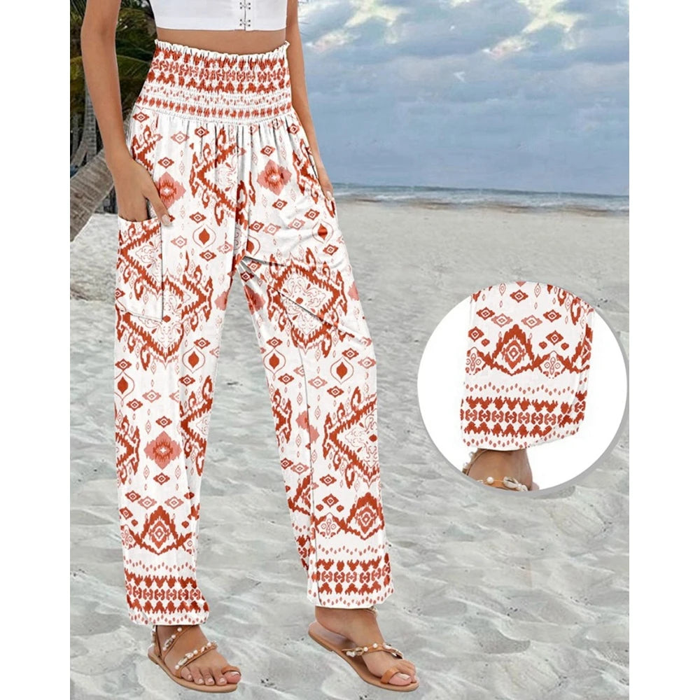Women's High Waist Floral Print Pocket Cuffed Pants – Casual Sporty Streetwear Trousers with Shirring Elastic Waist