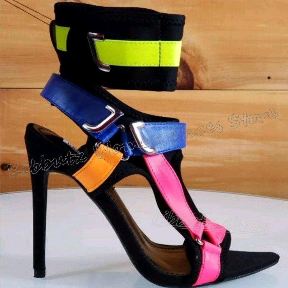 Hook&loop Patchwork Sandals Buckle Strap Pointy Thin Heels Fashion Luxury Elegant Comfortable Novelty Women Shoes Newest Leather