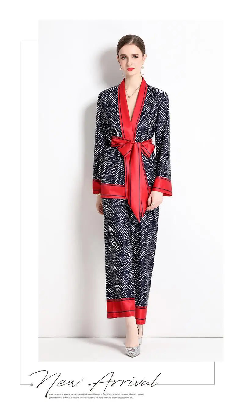Women Contrast Dot Print V-Neck Loose Lace Up Top+Elastic Waist Wide Leg Pant Suit Autumn Fashion Kimono Cardigan Two Piece Set