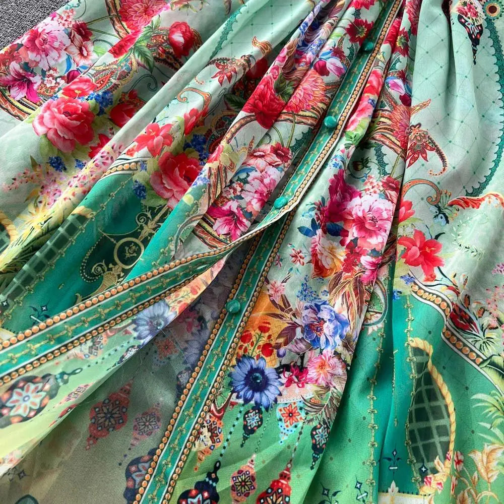 Women's Turtleneck Lantern Sleeve Single Breasted Flower Print Maxi Dress Autumn Bohemian Chiffon Green Belt Holiday Vestidos