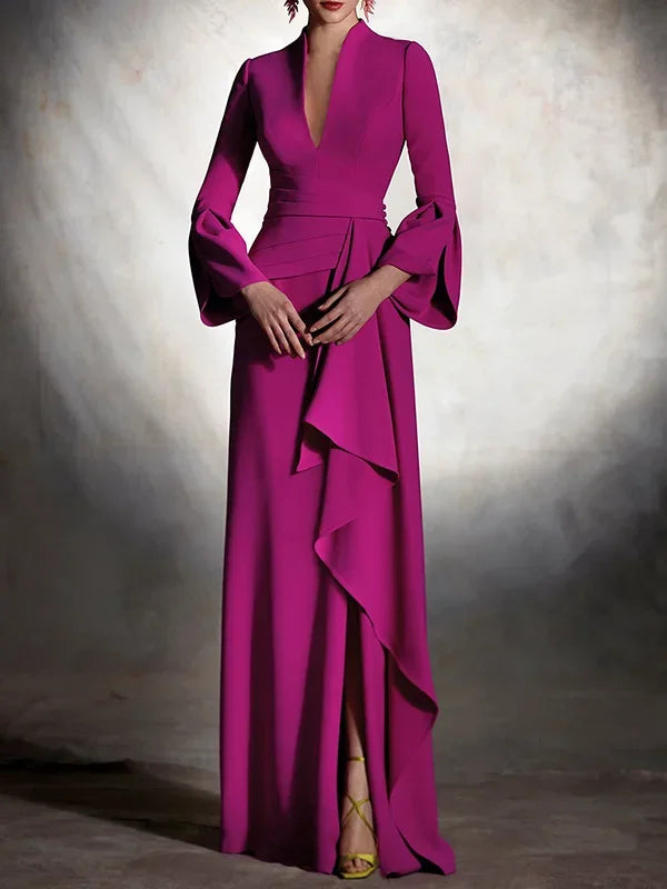 Beautyblue Evening Dresses Female Maxi Dress Fashion Deep V-Neck Irregular Front Split Folds A-Line Bodycon Women's Party Robes
