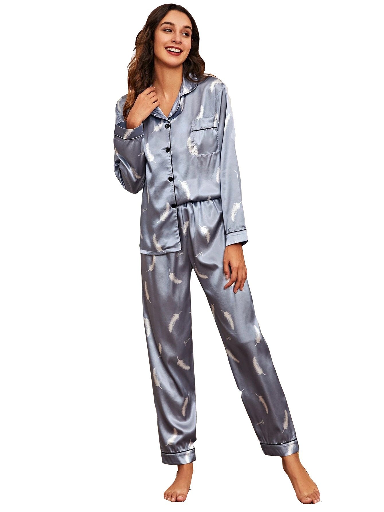 Women 2 Pieces Satin Pajamas Set Spring Autumn Long Sleeve Button Up Shirt and Casual Loose Elastic Pants Sleepwear Loungewear