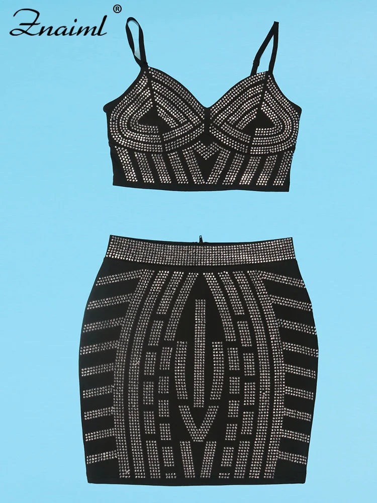 Znaiml Women Summer Two 2 Piece Dress Birthday Outfits Night Club Sparkle Black Rhinestone Crop Top and Mini Skirt Matching Set