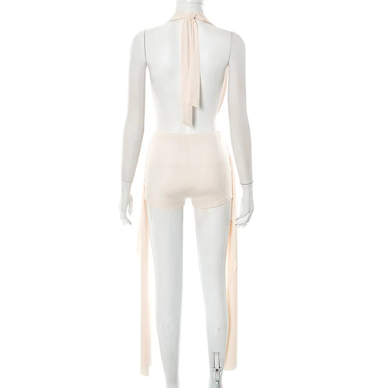 Joskaa 2025 Summer Beach Style 2 Piece Sets Women Sexy Backless Bandage Halter Tops and Ribbons Shorts Matching Vacation Outfits