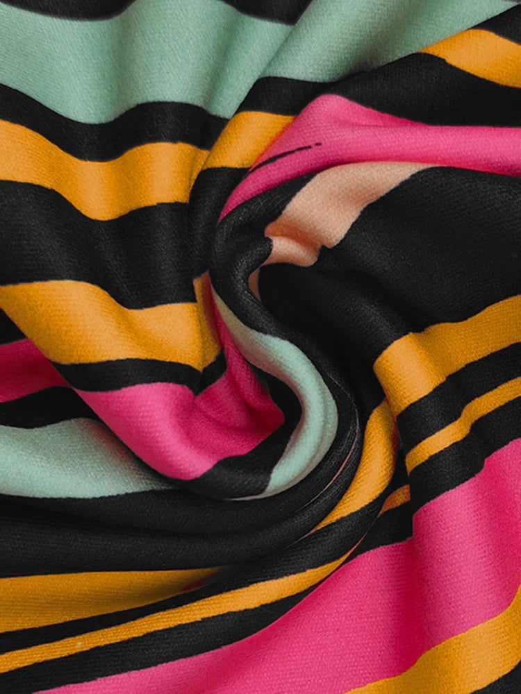 2025 Ladies Bodycon Dress V-neck Long Sleeves Colorful Striped Evening Dresses for Women High Waist Pleated Dress