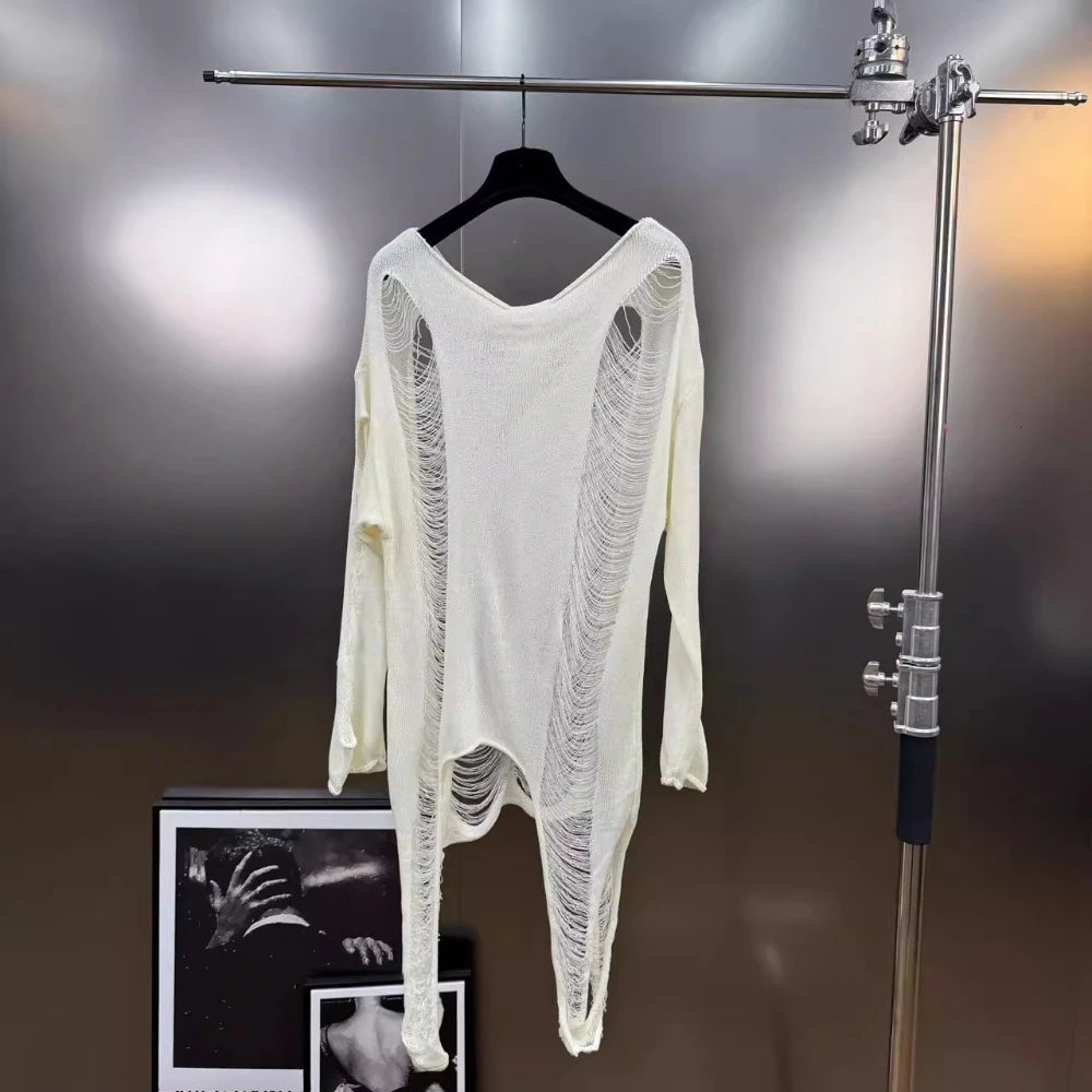 VGH Streetwear Spliced Hollow Out Summer Knitwear for Women Round Neck Long Sleeve Patchwork Asymmetrical Designer Tees Female
