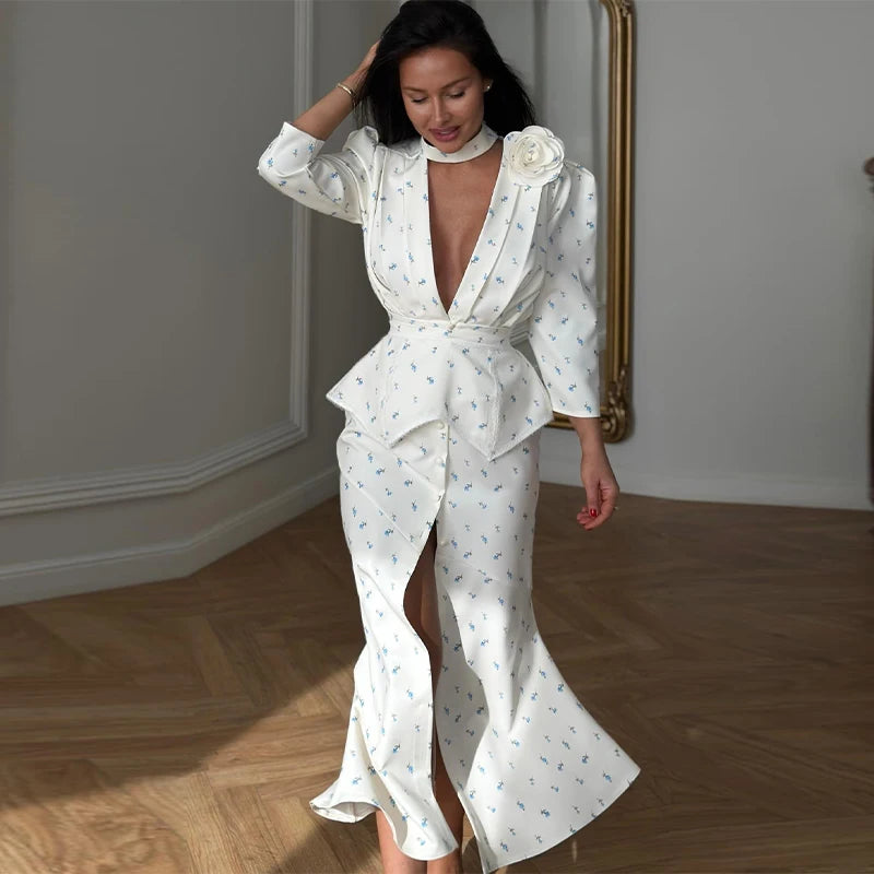 Printed Floral Three-D Button V-Neck Pleated Long Sleeve Maxi Dress for Women