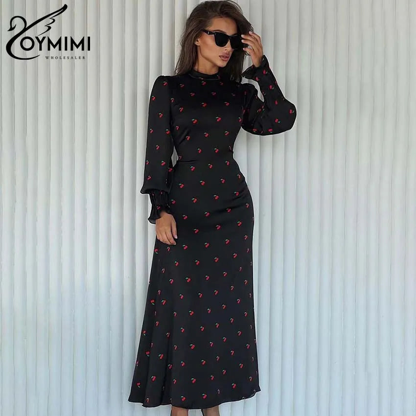 Oymimi Elegant Black Print Dresses For Women Fashion O-Neck Long Sleeve Dresses Casual New High Waist Lace-Up Ankle-Length Dress